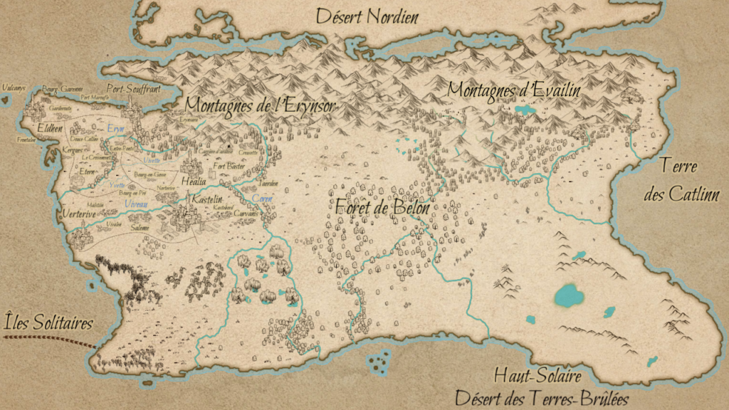 Cartographie fantasy du continent du monde de l'Eveil