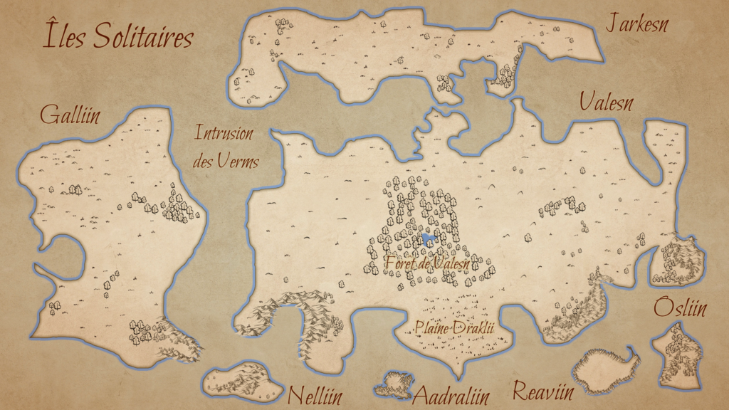 Cartographie fantasy des Îles Solitaires du monde de l'Eveil
