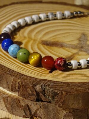 Bracelet 7 chakras en perles composé de pierres naturelles de jaspe impériale rouge, cornaline, œil de tigre, jade néphrite, apatite, lapis lazuli, améthyste et howlite.